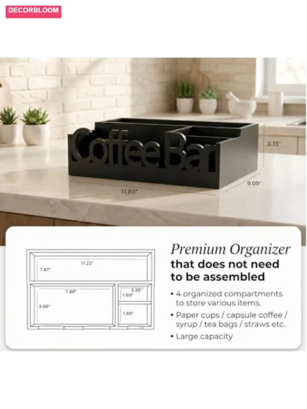 Wood Coffee Bar Organizer Countertop Caddy for Pods, Sugar Packets, Stir Sticks